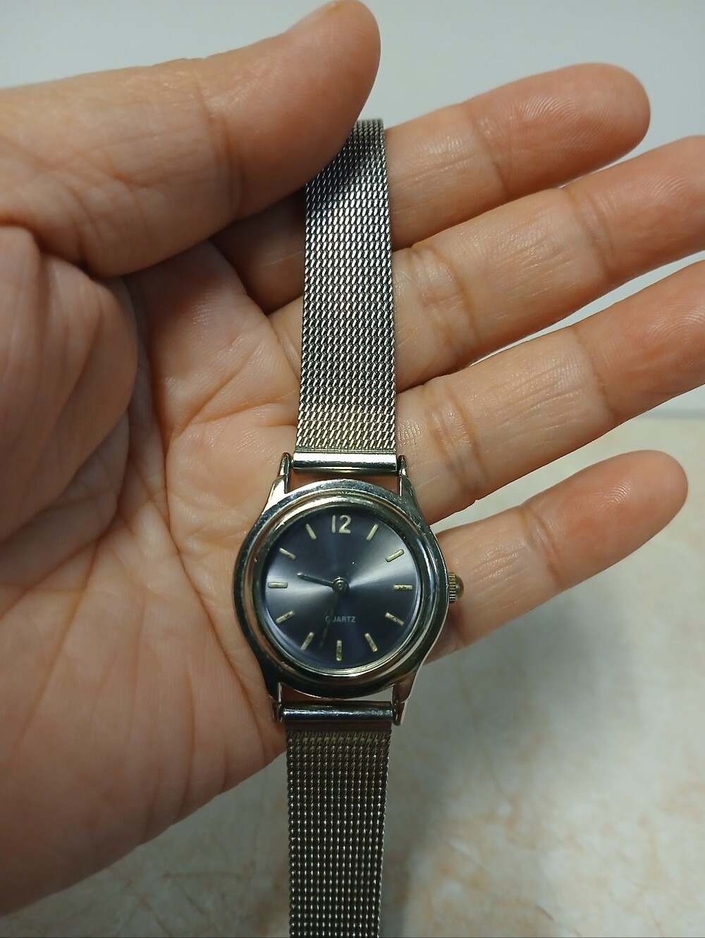 Classic Silver Mesh Band Quartz Watch with Blue Dial